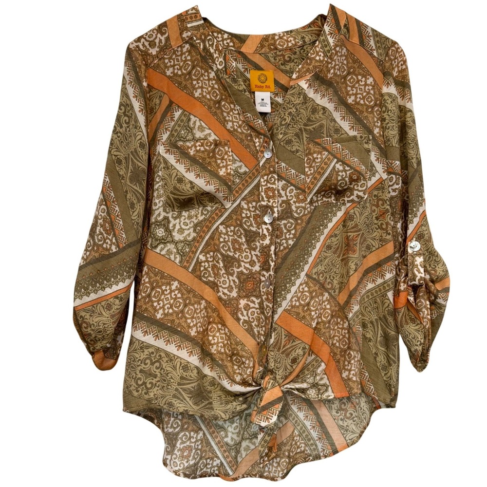 Ruby Rd Womens Tan Orange Paisley Patchwork Tie Front Boho Summer Blouse Medium